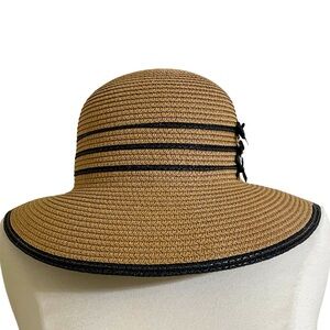 New MAGID HATS Womens Tan Woven Paper Brimmed Hat Black Banded Trim